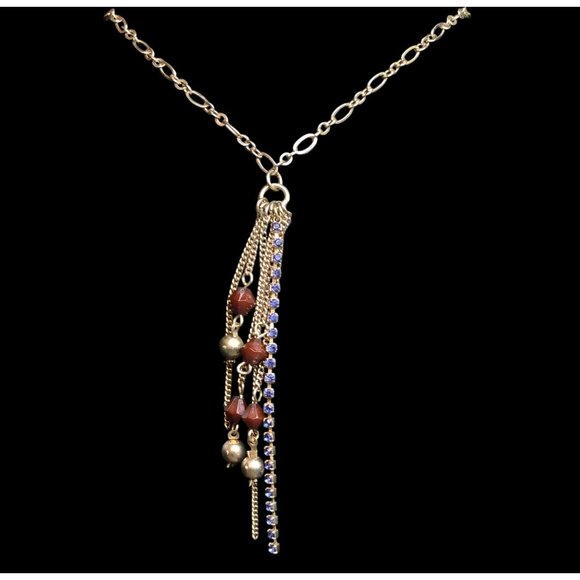 Boho Tassel Fashion Necklace Gold Brass Tone Brown Beads Blue Rhinestones 28" - Picture 3 of 7